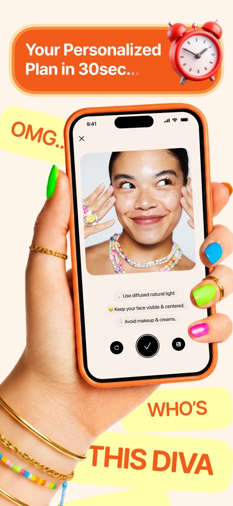Tan AI: Tanning app - Observe how the app quickly analyzes a selfie, providing precise instructions like "Use diffused natural light" and "Keep your face visible & centered" for optimal skin assessment.