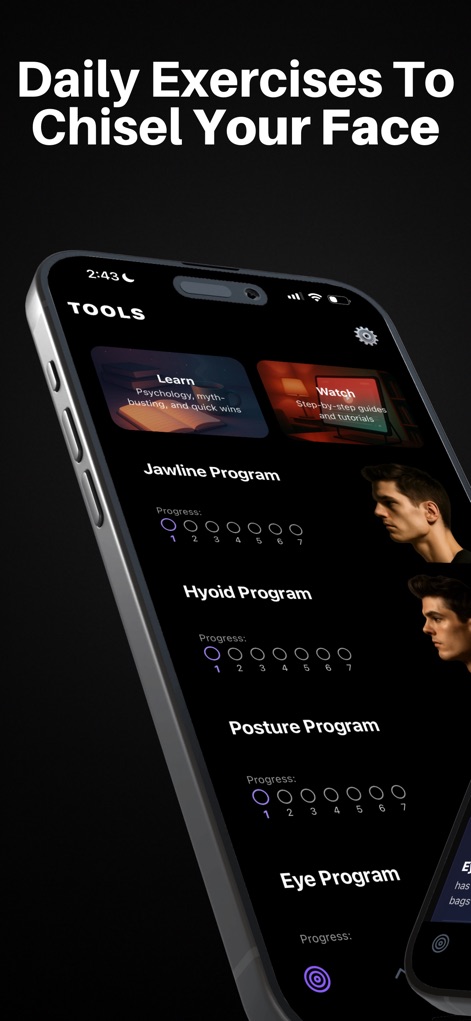 Mogged: Glow Up for Men - The app offers dedicated 'Tools' sections, providing structured 'Jawline Program' and 'Posture Program' to refine specific physical features.