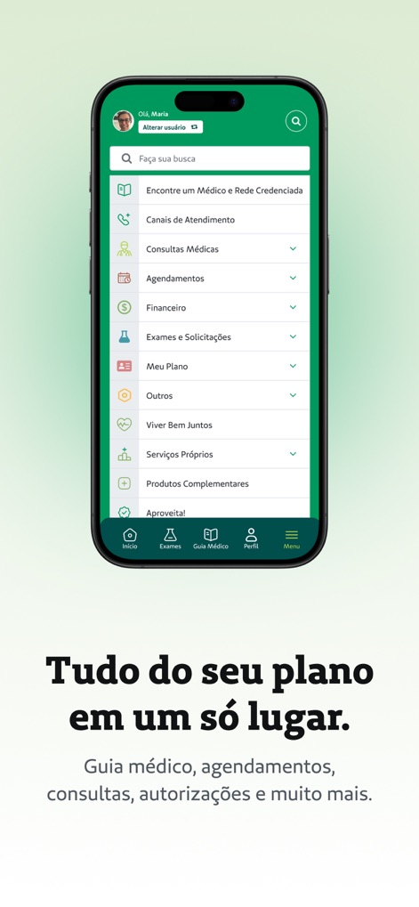 Unimed POA - 이 앱은 의료 가이드, 예약, 상담, 승인 요청 등 다양한 서비스가 통합된 포괄적인 메뉴를 제공합니다. 사용자는 상단의 검색 바와 하단의 카테고리 목록을 통해 필요한 정보를 쉽게 찾을 수 있습니다.