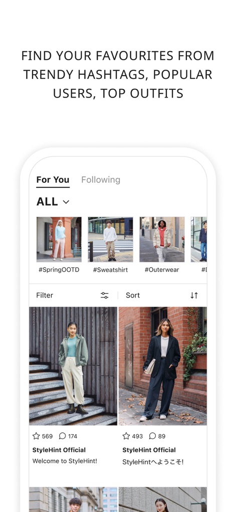 StyleHint: Style search engine - Users can explore diverse fashion content through the dynamic "For You" feed, featuring trending #hashtags and refining their search with precise "Filter" and "Sort" options.