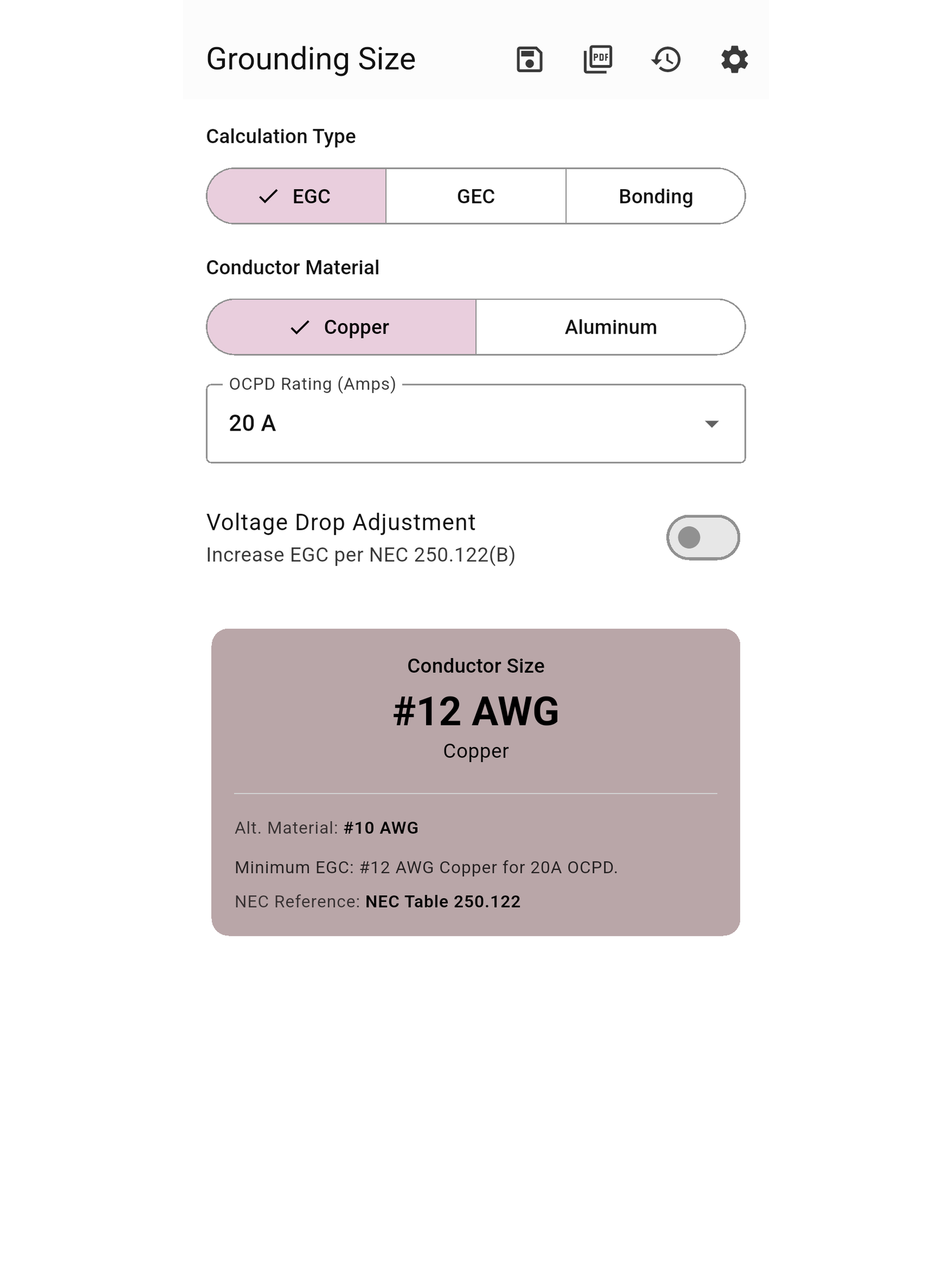 Grounding Size Calc NEC screenshot 5
