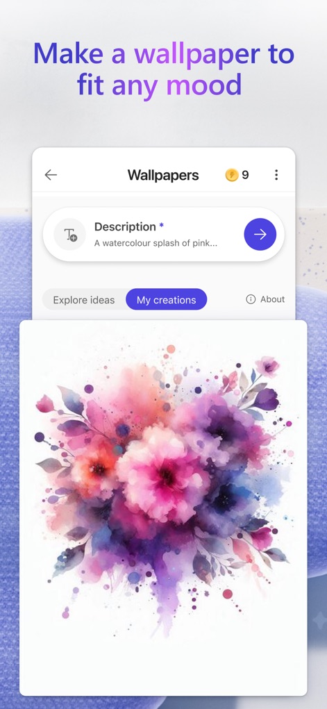 Microsoft Designer - Crear fondos de pantalla únicos es sencillo al describir la visión deseada, ejemplificado por el campo de 'Description' y la muestra de un fondo con una explosión de acuarelas florales en tonos rosas y morados.