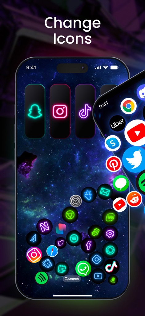 ThemeMe: Top Widgets & Themes - Nutzer gestalten ihre App-Symbole neu, mit leuchtenden Neonumrandungen und einem fesselnden Sternenmeer-Hintergrund für eine individuelle Note.