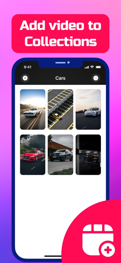 SaveTk - Save Videos - The app presents saved videos as clear video thumbnails within custom collections, enabling users to 'Add video to Collections' using an intuitive button.