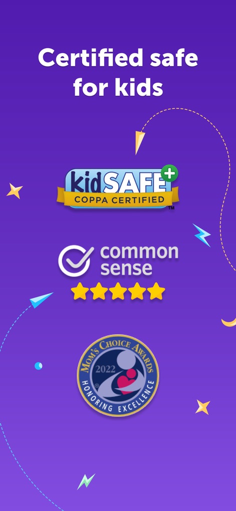 Kinzoo: Fun All-Ages Messenger - Esta imagem reforça a segurança do aplicativo, exibindo as certificações 'kidSAFE COPPA Certified' e o reconhecimento de 'Mom's Choice Awards'.