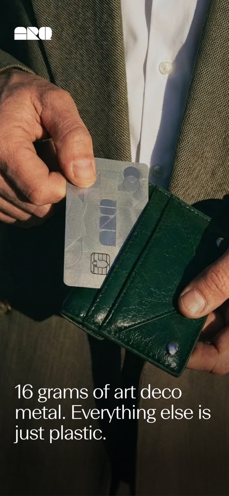 ARQ (formerly DolarApp) - Experience the exclusive 16-gram art deco metal card, showcasing its premium physical design and distinguishing it from conventional plastic alternatives.