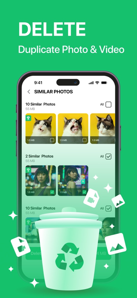 LIME Cleaner - Storage Cleanup - This tool intelligently identifies 'Similar Photos', allowing users to review and selectively remove them, as clearly indicated by the 'Delete' action and trash can icon.