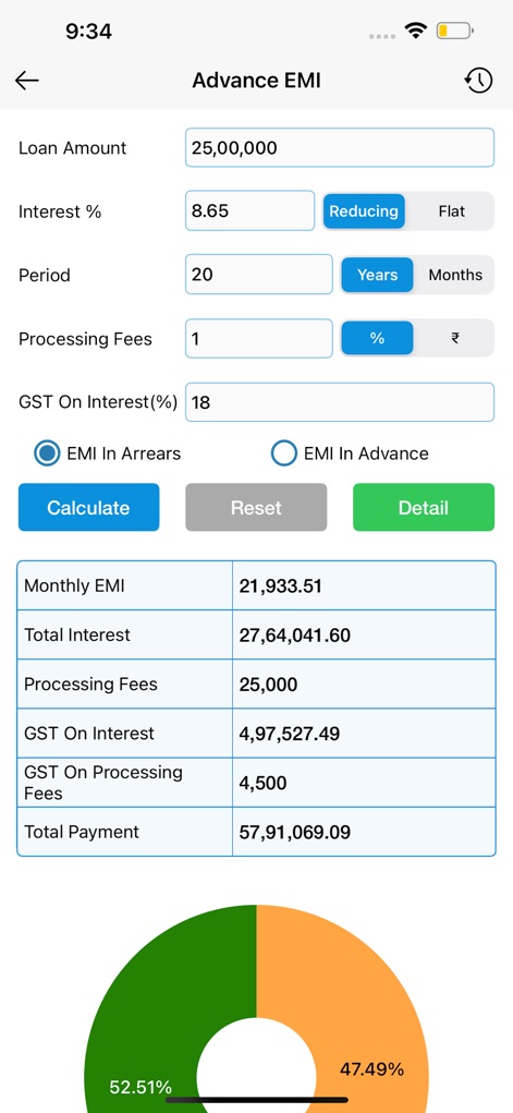 EMI Calculator : Loan Manager - The app supports advanced calculations for EMI in advance or arrears, detailing processing fees and GST on interest, along with a comprehensive payment breakdown chart.