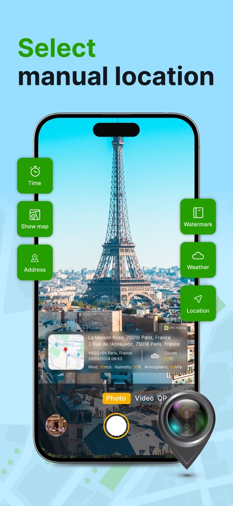 GPS Geotag Photos & Camera Map - This tool provides intuitive controls for users to select manual locations, featuring options to add precise address and detailed weather data to their captures.