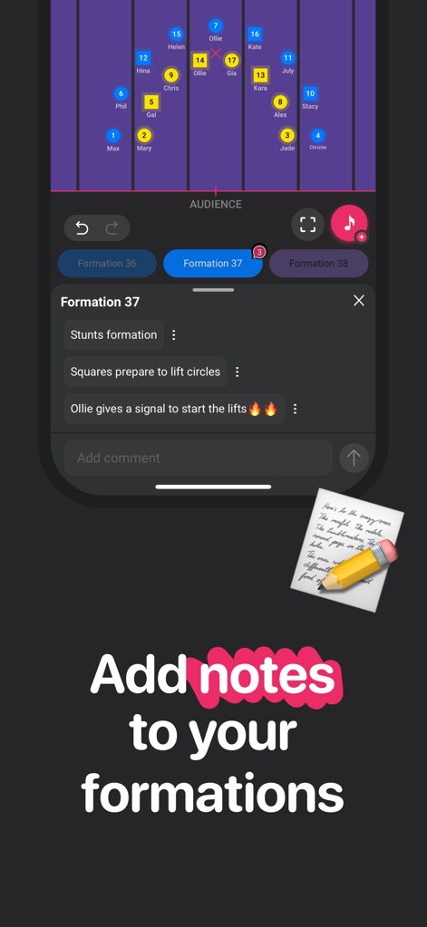 ArrangeUs - Facilitate clear communication within formations by adding "comments for each position" and organizing "Formation 36" with descriptive notes.