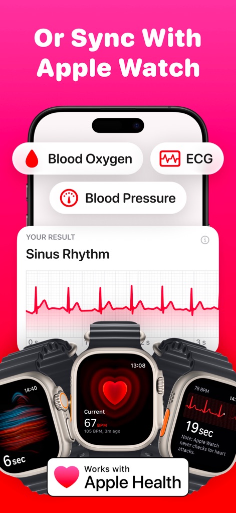HeartApp: Heart Rate Monitor - The app highlights seamless integration with Apple Watch for real-time tracking of data such as Blood Oxygen and continuous heart rate monitoring on multiple watch faces.
