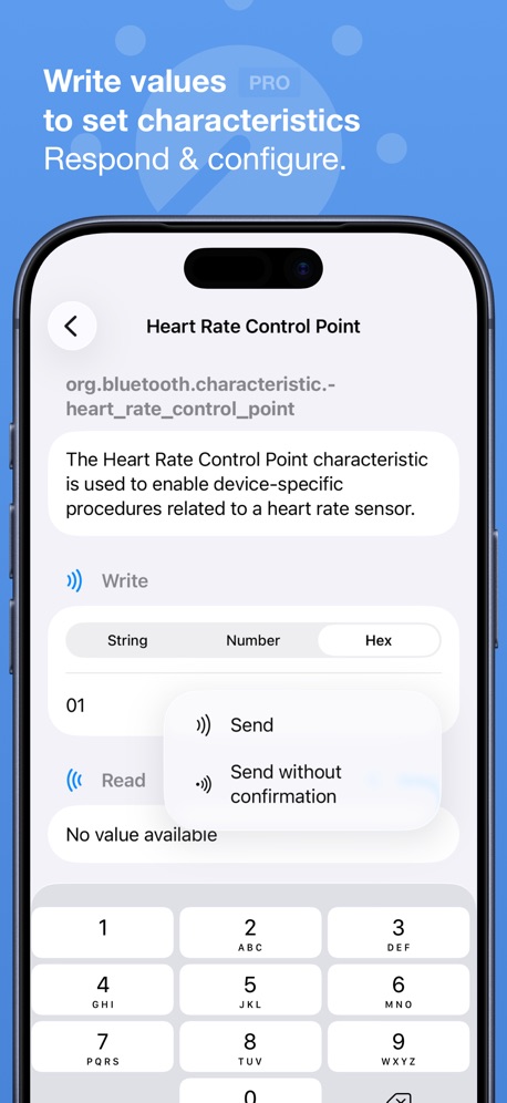 Bluetooth Inspector App Store screenshot 3, headline “Write values to set characteristics”. Headline too small to read.