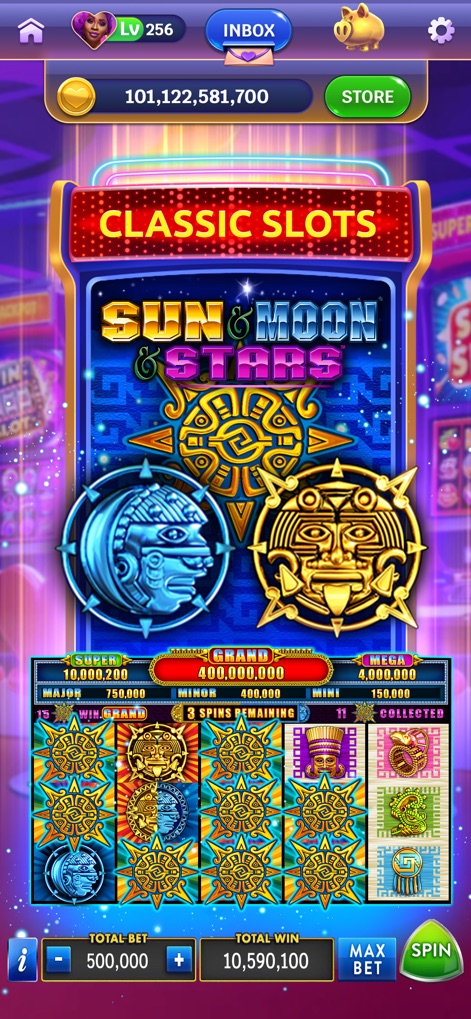 Heart of Vegas - Casino Slots - Nutzer tauchen ein in den 'Sun & Moon & Stars' Slot mit seinen mystischen stilisierten Sonnen- und Mond-Symbolen und der prominenten 'GRAND' Jackpot-Anzeige, die hohe Gewinne verspricht.
