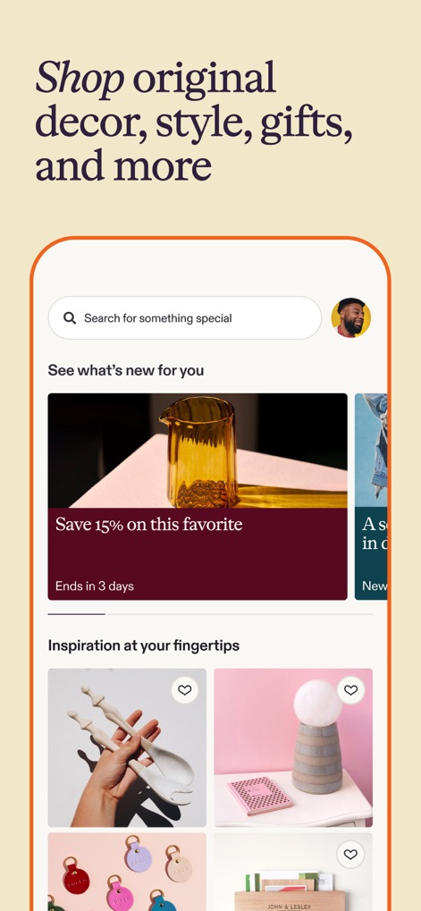 Etsy: Shop Home, Style & More - This tool presents a personalized "See what's new for you" feed and an "Inspiration at your fingertips" section, guiding users to unique decor and style items.