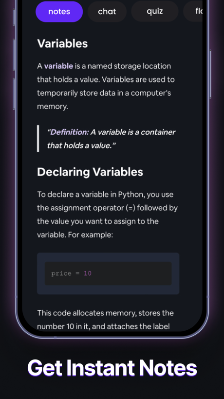 Turbo AI - Learn Faster App Store screenshot 3, headline “Get Instant Notes”. Asks for an action.