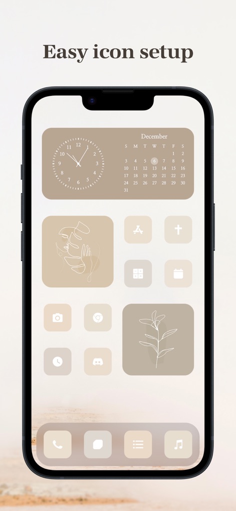 Photo Widget - Themes & Icons - Learn how easy icon setup is with the app, presenting elegant line art icons and a cohesive calendar and clock widget in earthy tones.