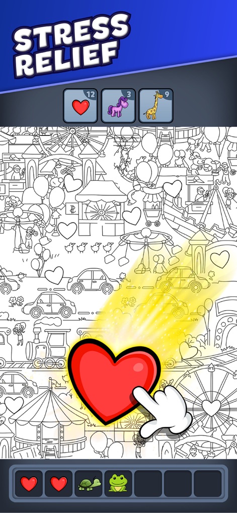 Triple Match City - Experience the satisfying stress relief as users tap to collect hearts, which illuminate with a glow and are then placed in the organized bottom collection tray.