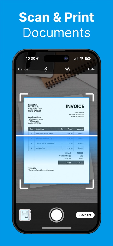 Printer: Smart Print App - Cet outil transforme le téléphone en un scanner portable, permettant la capture rapide de documents comme des factures avec un recadrage automatique, et une gestion intuitive des pages scannées.