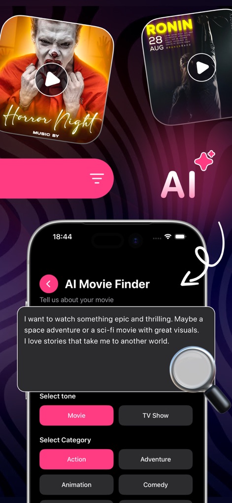 Streamex : Movies & TV Shows - Users can leverage the AI Movie Finder to describe their desired movie experience and then refine searches using category filters like 'Action' or 'Adventure'.