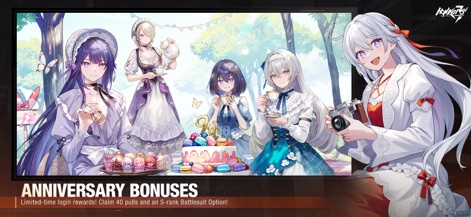 Honkai Impact 3rd - La galería muestra una escena de celebración con varias Valkirias disfrutando de una fiesta del té con un pastel de aniversario y atuendos con temática de época para cada personaje.