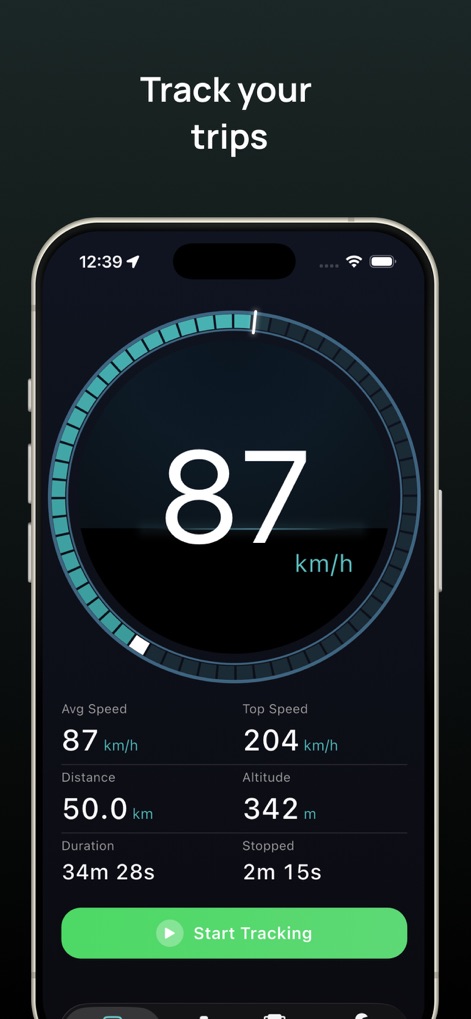TripRank - Speed Tracker - The app provides instant feedback on current speed via a prominent dial and displays key trip data like average speed and distance covered.