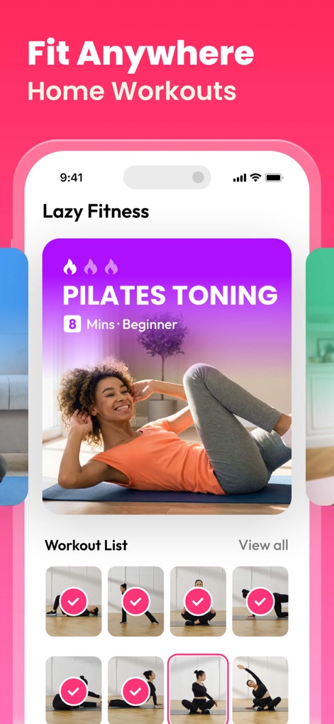 Workout for Women: Fit at Home - O aplicativo oferece a flexibilidade de treinar em qualquer lugar com sessões como **Pilates Toning** de 8 minutos para iniciantes, apresentando uma **lista de exercícios concluídos** com facilidade.