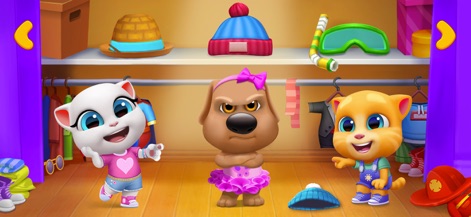 My Talking Tom Friends - La aplicación ofrece opciones de vestuario para los personajes, destacando a Ben con un inusual tutú rosa y la abundancia de ropa y accesorios organizados en los estantes.