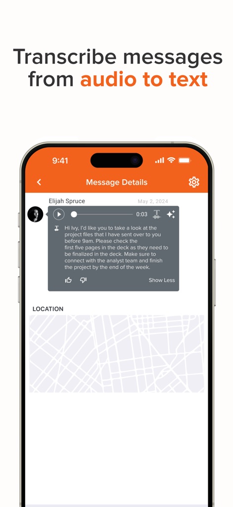 Voxer Walkie Talkie Messenger - Witness the practical "Audio-to-Text Transcription" feature, showcasing both the audio message playback and its readable text conversion.