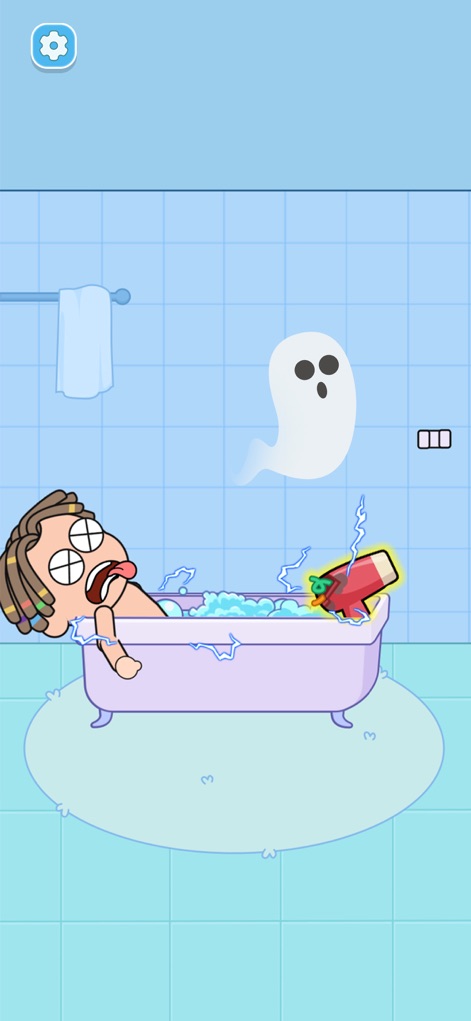 Death Puzzle - Witness the chaotic scene where a character faces an electrifying demise in the bathtub, complete with a floating ghost figure observing the unexpected outcome.