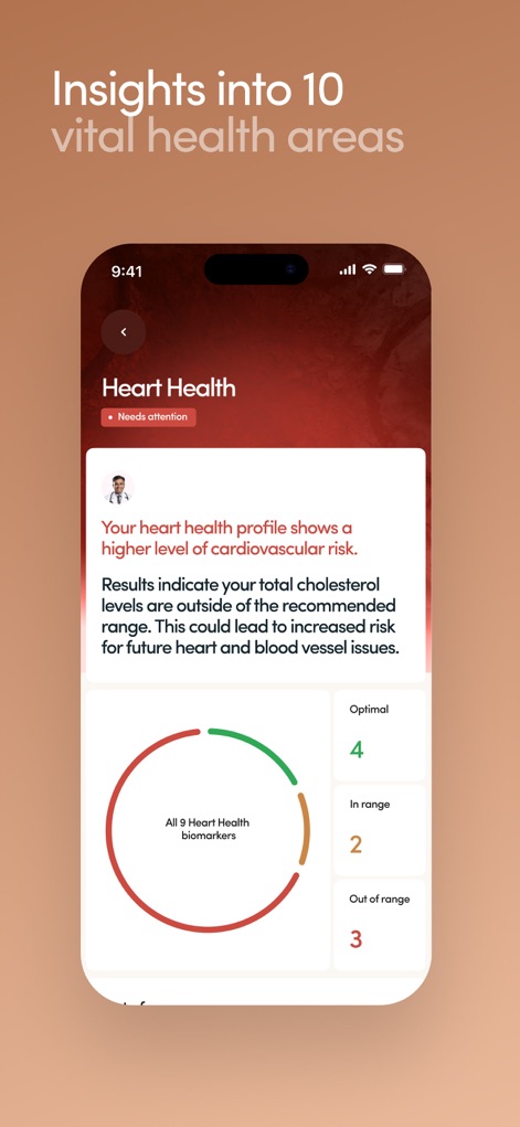 Hims: Telehealth for Men - Review the in-depth breakdown of specific health areas, such as 'Heart Health', presenting a doctor's explanation and cholesterol risk details.