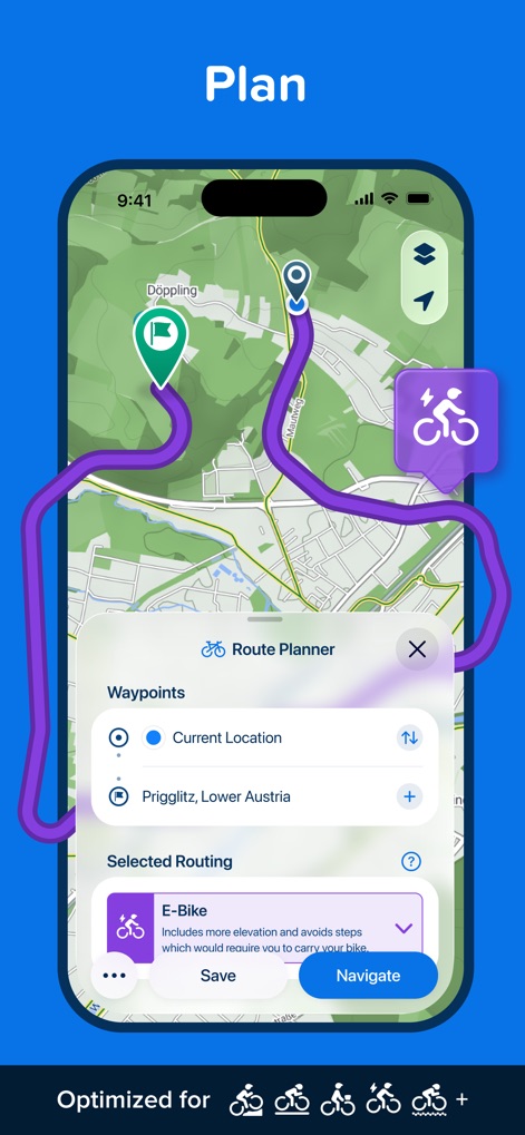 Bikemap: Bicycle Tracker & GPS - O aplicativo exibe um planejador de rotas com pontos de passagem personalizáveis, e um menu de seleção permite ao usuário otimizar o trajeto conforme o tipo de bicicleta escolhido.