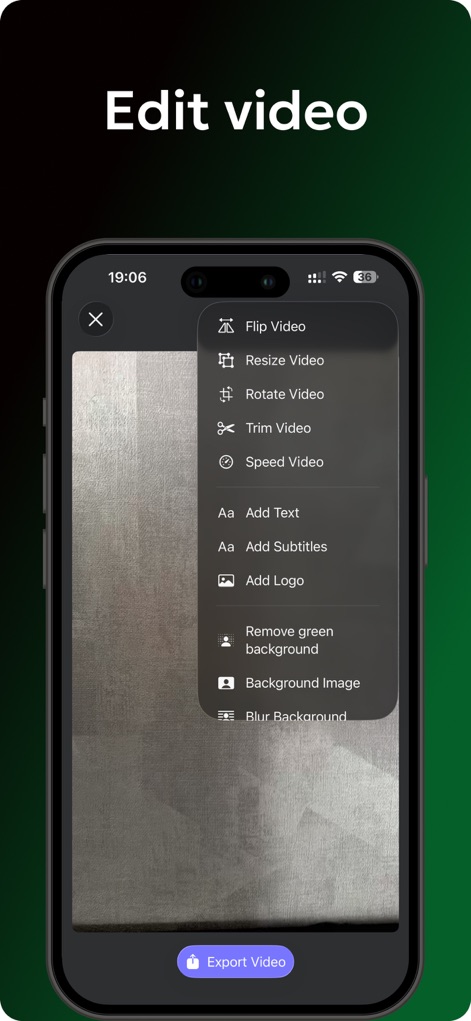 Teleprompter Automatic - Questa vista mostra le diverse opzioni di editing video disponibili, inclusi "Flip Video" e "Add Subtitles", accessibili da un menu a tendina.