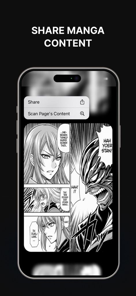 Manga Reader Infinity - La herramienta permite "Share Manga Content" directamente desde la "vista de página de manga" con opciones integradas.