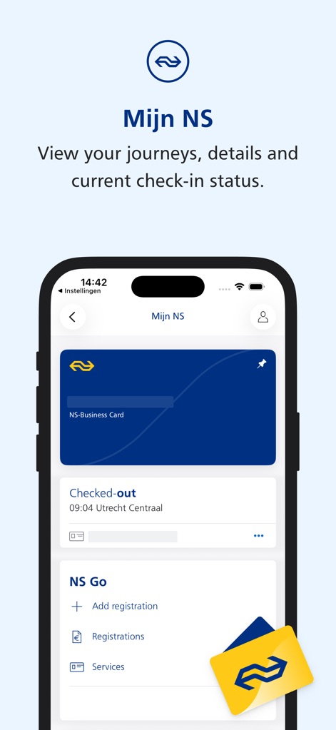 NS Travel Planner - The "Mijn NS" section acts as a personalized account hub, clearly displaying "Checked-out" status and providing access to "NS-Business Card" details and "NS Go" services.