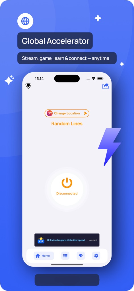 VPN - 星星VPN加速器 - 本アプリは、大きなボタンでVPNへの接続・切断を直感的に操作でき、ユーザーは「場所の変更」機能を通じて異なるサーバーロケーションへ簡単に切り替えることができます。