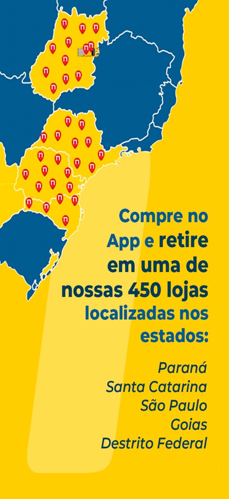 Farmácias Nissei - Eine Karte visualisiert die weitreichende Präsenz der Nissei-Filialen in mehreren brasilianischen Bundesstaaten und ermöglicht Nutzern die Abholung ihrer Online-Bestellungen in über 450 Standorten.