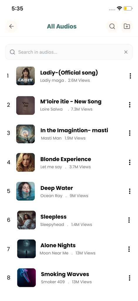 Tubidy FM : Music, Song Player - The app showcases a comprehensive list of numbered audio tracks, complemented by a prominent search bar that allows users to quickly find specific audios.