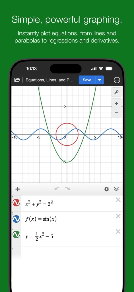Desmos Graphing Calculator - Esta tela destaca a capacidade do aplicativo de plotar simultaneamente múltiplas equações, como uma parábola e uma função senoidal, no mesmo sistema de coordenadas, com o painel de entrada de expressões visível abaixo.