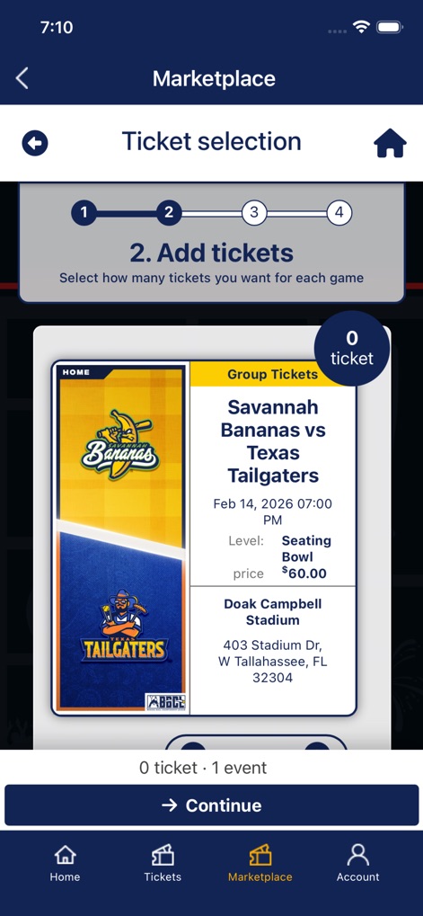 Fans First Tickets - The app streamlines ticket acquisition with a clear step-by-step selection process and provides comprehensive game information, including team matchups and detailed venue specifics, for informed purchasing decisions.