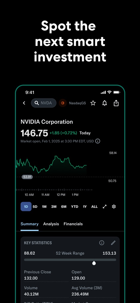 Yahoo Finance: Stocks & News - Dieses Tool bietet eine detaillierte Aktienansicht für ein spezifisches Unternehmen wie "NVIDIA Corporation", komplett mit einem interaktiven Chart und relevanten Kennzahlen wie dem 52-Wochen-Bereich.