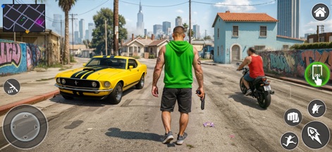 Open Drive 3D: Gangster Games - Dive into the gritty urban landscape, where classic muscle cars meet intense on-foot combat, as demonstrated by the character wielding a pistol.
