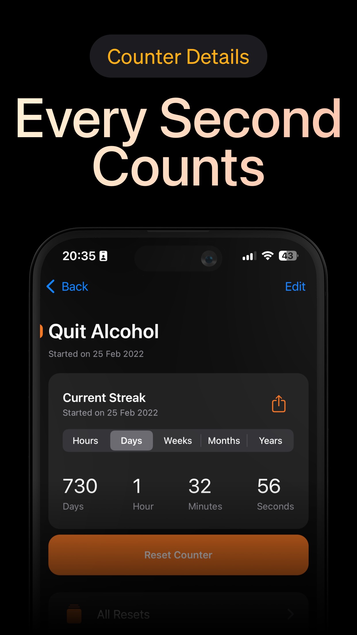 Screenshot do app Days Since: Quit Habit Tracker