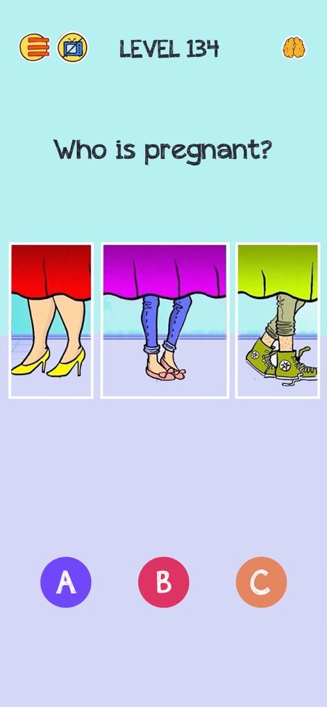Brain Who? Tricky Riddle Tests - Découvrez ce puzzle visuel qui teste la perspicacité, où les joueurs doivent déduire la personne enceinte en examinant attentivement les silhouettes des jambes sous les vêtements et en reconnaissant la forme spécifique du ventre.