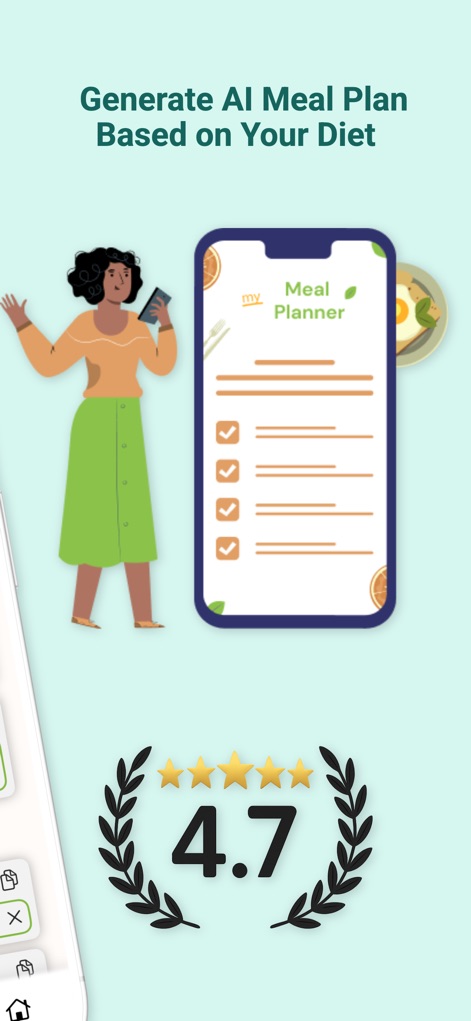 Meal Planner & Grocery List - This tool assists users in generating personalized meal plans, highlighted by an intuitive illustration of a user interacting with the app and its impressive 4.7-star rating.