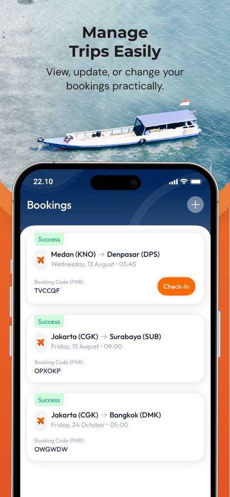 BookCabin - Users can efficiently manage trip details through a clear list of bookings like 'Medan (KNO) -> Denpasar (DPS)' and quickly access the 'Check-In' button for upcoming journeys.
