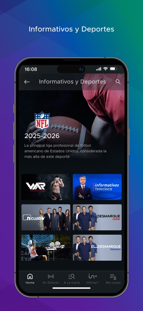 Mediaset Infinity España - This tool provides comprehensive access to news and sports, showcasing major events like the NFL and local news programs from Telecinco and Cuatro.