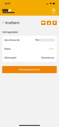 Screenshot von VHV Kundenportal auf dem iPhone 5
