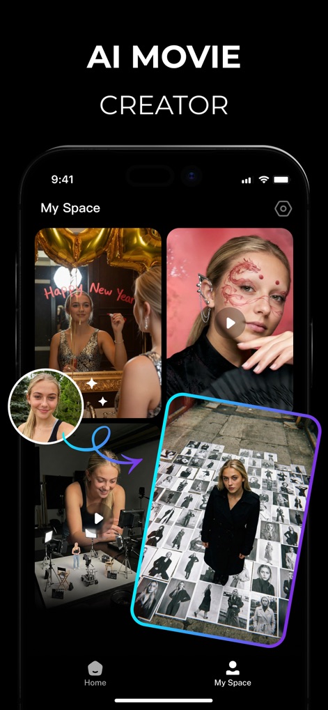 Movia AI: Photo to Video Maker - O aplicativo exibe uma seção "My Space" pessoal, onde os usuários podem visualizar suas múltiplas criações de vídeos e a opção de importar novas mídias.