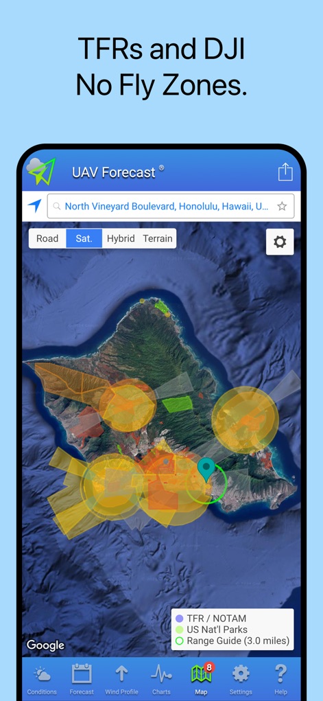 UAV Forecast - 사용자는 지도 인터페이스를 통해 DJI 비행 금지 구역과 TFR/NOTAM 정보를 시각적으로 확인하여 안전하고 규정을 준수하는 비행 계획을 세울 수 있습니다.