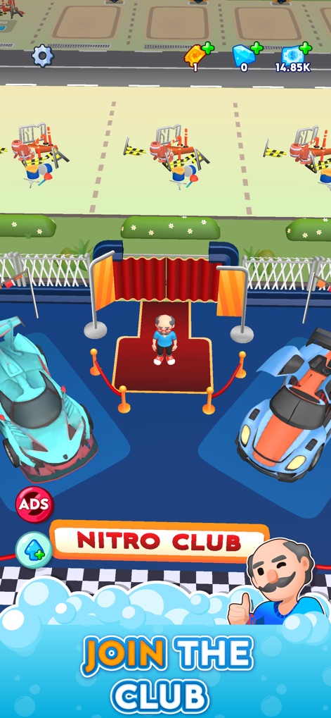 Laundry Rush - Idle Game - Discover the prestigious Nitro Club, marked by a grand red carpet entrance and luxurious sports cars, signifying advanced gameplay progression.